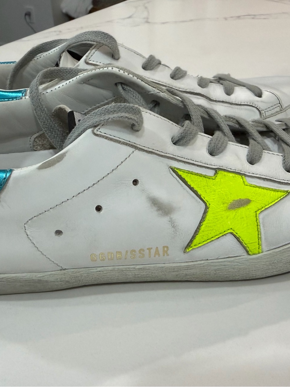 Golden Goose Deluxe Superstar Sneakers w/ Neon Yellow Star & Metallic Teal Heel - Picture 1 of 10
